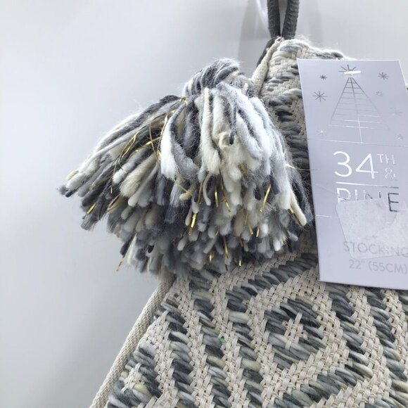 34th & Pine Woven Christmas Stocking Large Tassel Gold Cream Blue Yarn Winter - Picture 9 of 10